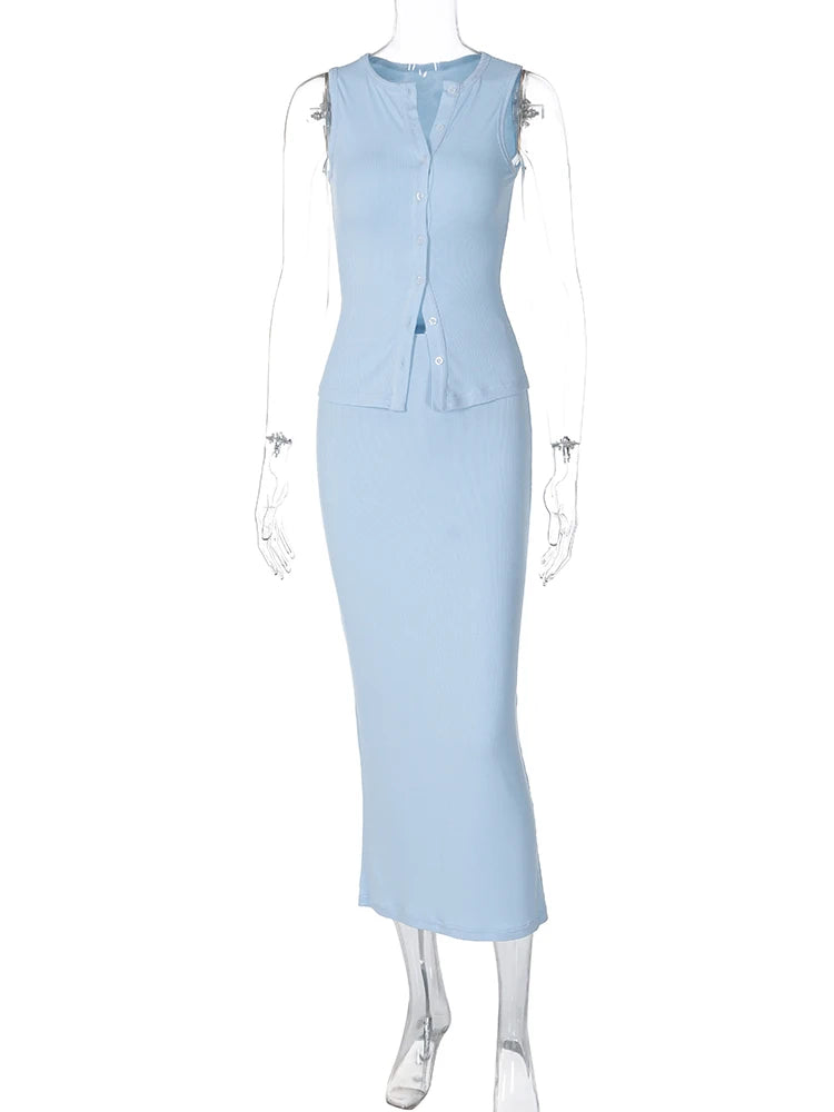 Dulzura Matching Suit Sleeveless Ribbed Single-Breasted Top Shirt Maxi Skirt 2024 Spring Summer Women'S Clothing Sexy Streetwear