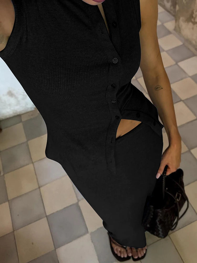 Dulzura Matching Suit Sleeveless Ribbed Single-Breasted Top Shirt Maxi Skirt 2024 Spring Summer Women'S Clothing Sexy Streetwear