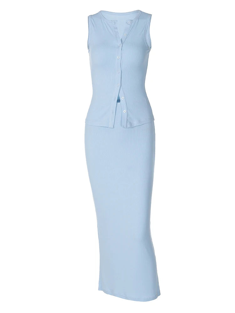 Dulzura Matching Suit Sleeveless Ribbed Single-Breasted Top Shirt Maxi Skirt 2024 Spring Summer Women'S Clothing Sexy Streetwear
