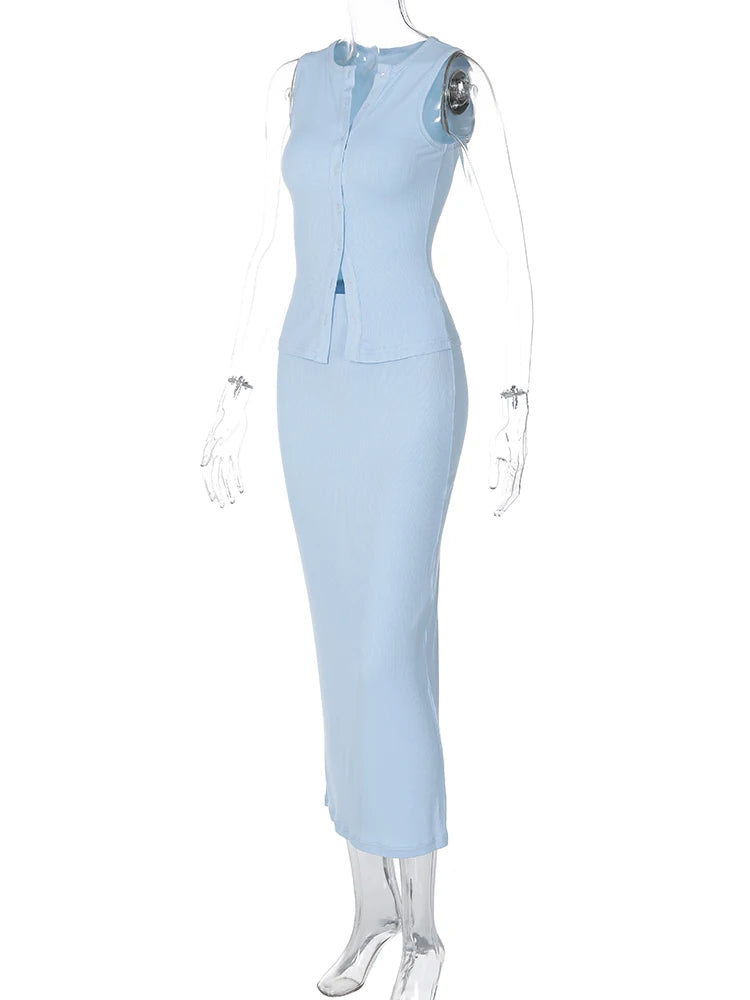 Dulzura Matching Suit Sleeveless Ribbed Single-Breasted Top Shirt Maxi Skirt 2024 Spring Summer Women'S Clothing Sexy Streetwear