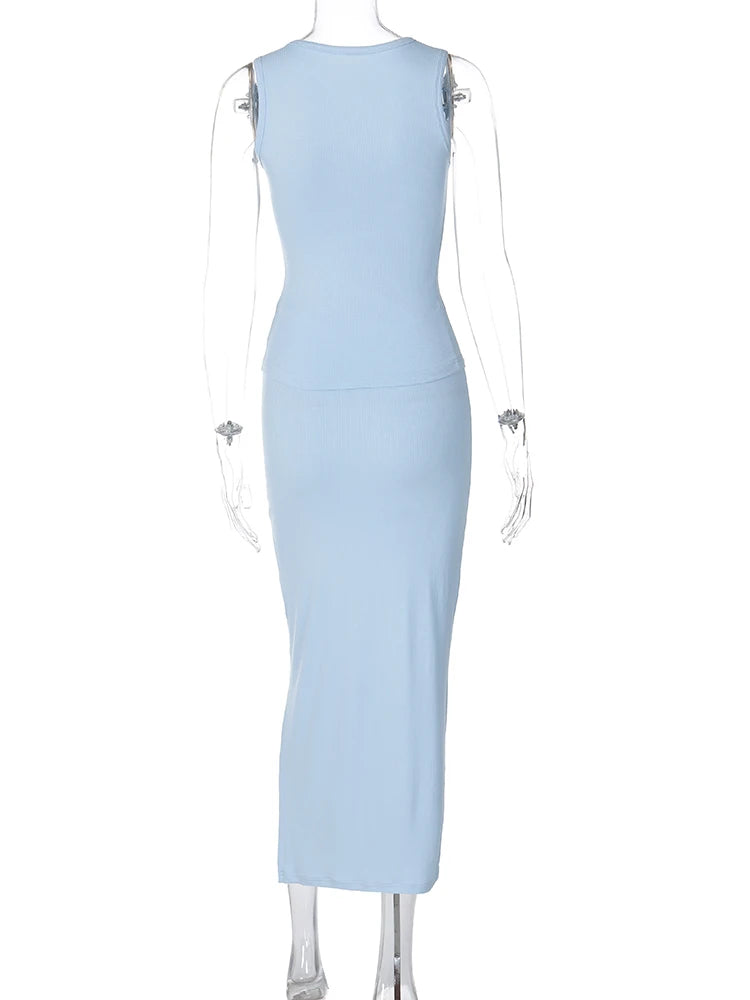 Dulzura Matching Suit Sleeveless Ribbed Single-Breasted Top Shirt Maxi Skirt 2024 Spring Summer Women'S Clothing Sexy Streetwear