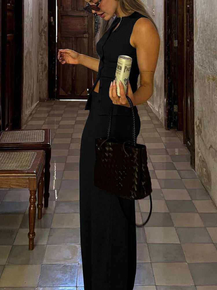 Dulzura Matching Suit Sleeveless Ribbed Single-Breasted Top Shirt Maxi Skirt 2024 Spring Summer Women'S Clothing Sexy Streetwear