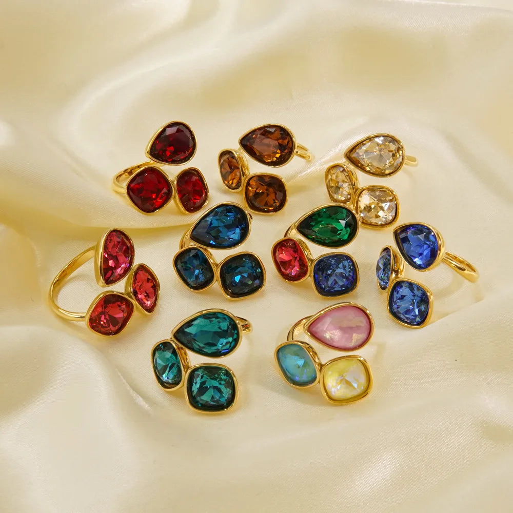 CARLIDANA Fashion Jewelry Open Rings 18K Gold Plated Stainless Steel Simple Multi-Color Crystal Ring For Women Jewelry