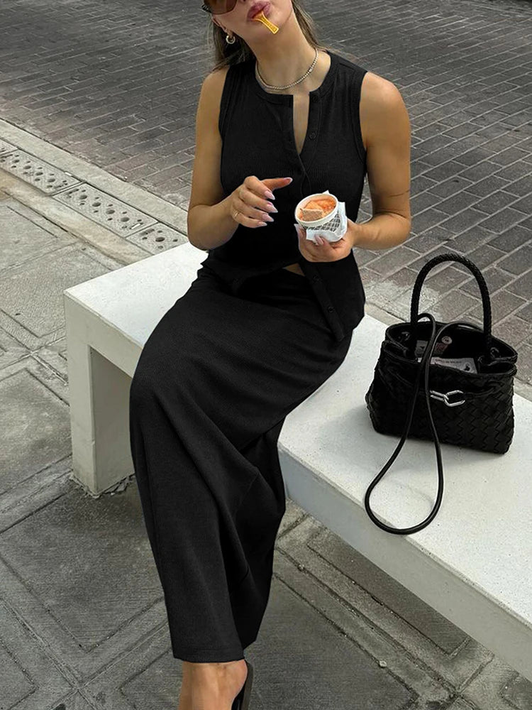 Dulzura Matching Suit Sleeveless Ribbed Single-Breasted Top Shirt Maxi Skirt 2024 Spring Summer Women'S Clothing Sexy Streetwear